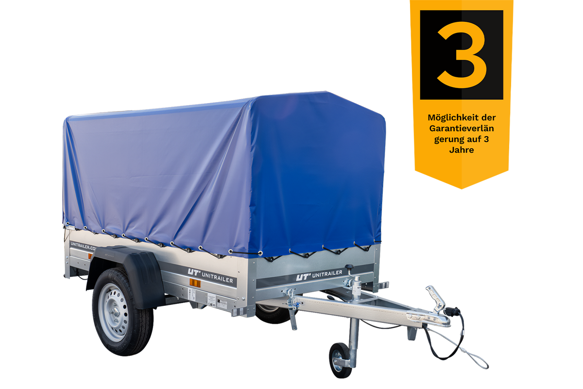 Praktischer PKW-Anhänger Garden Trailer 200 Kipp mit kippbarer Deichsel, blauer Plane